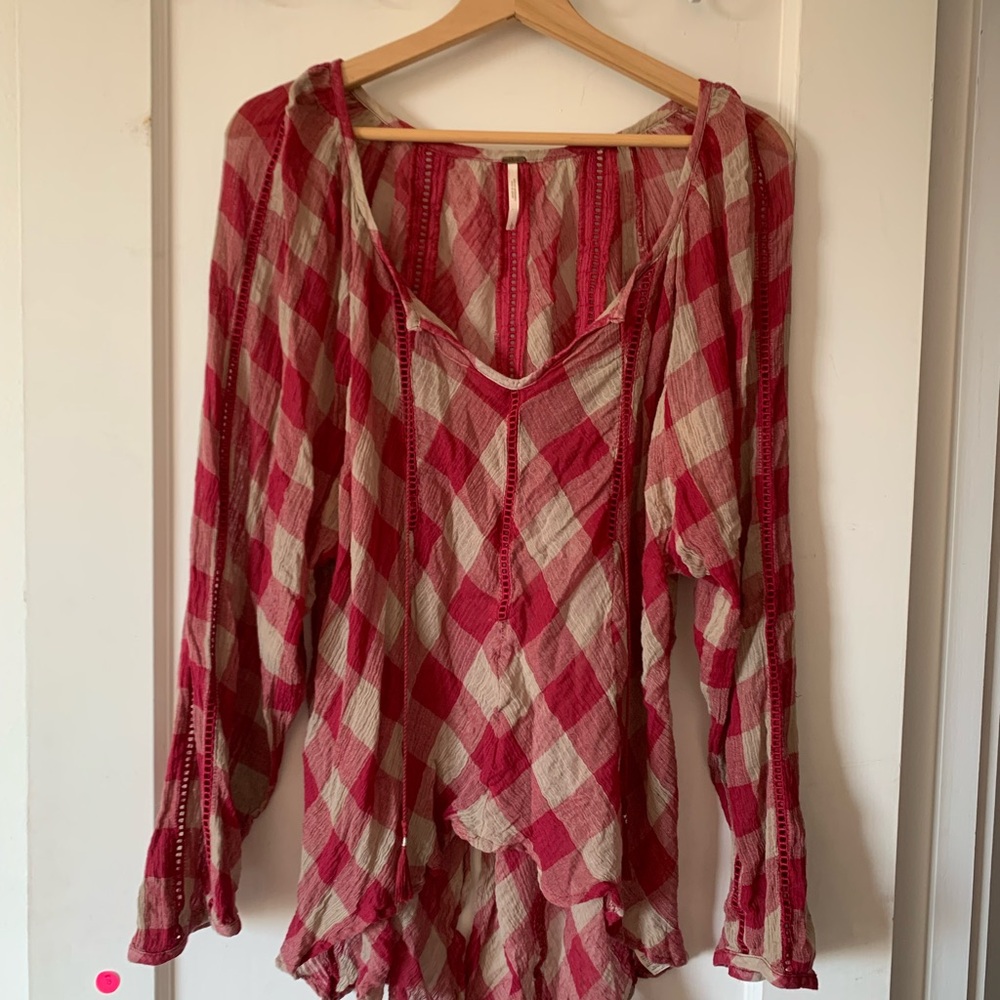 Free People Red Plaid Blouse